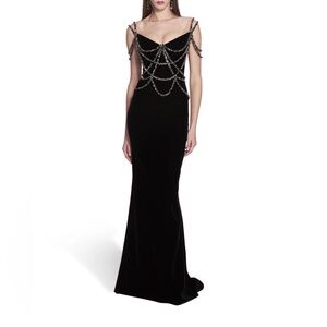 Marchesa Black Velvet Gown with Chain embellishment